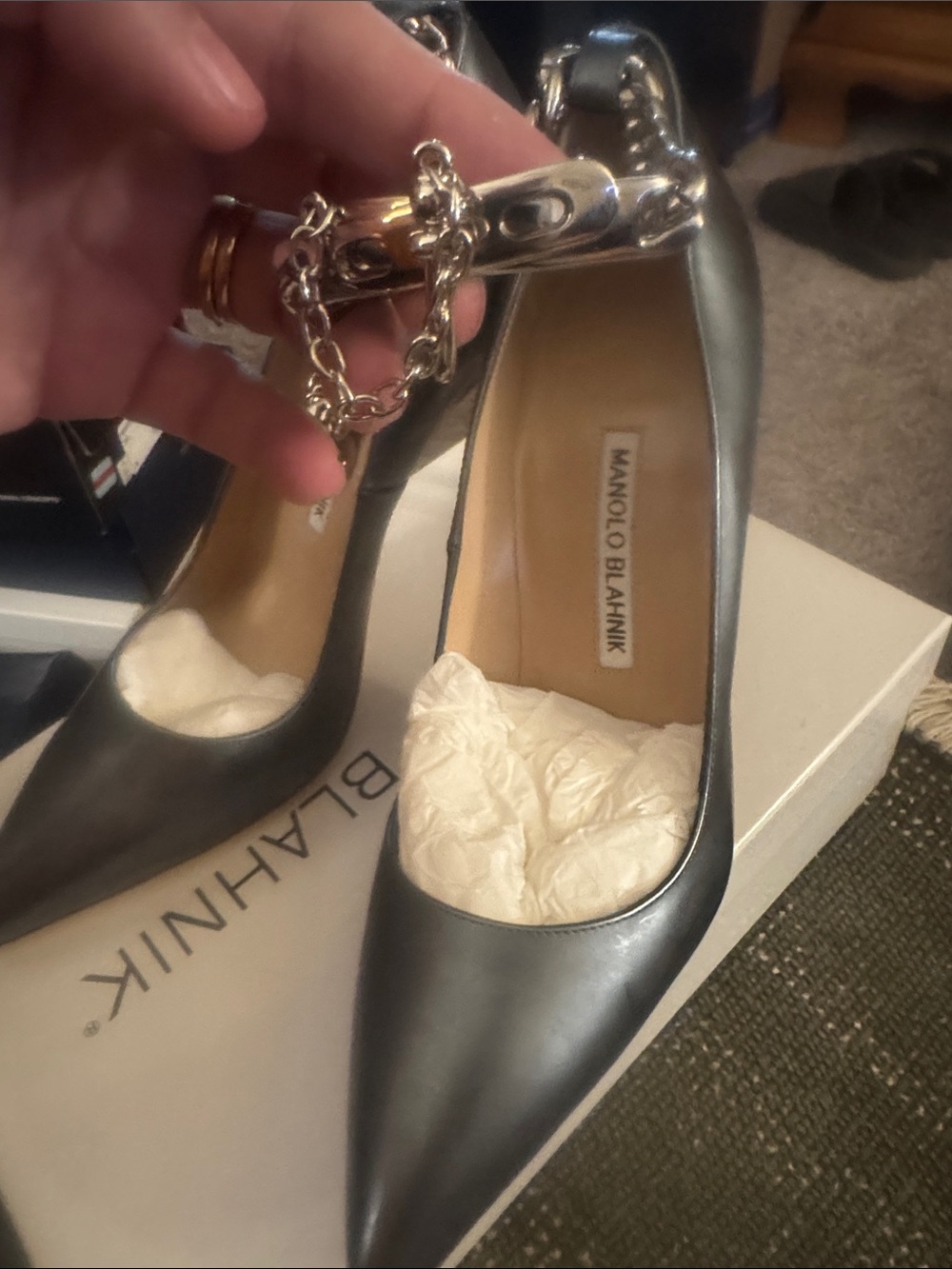 Manolo Blahnik Silver Leather Pointed-Toe Pumps with Silver Chain Strap